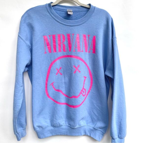 Nirvana Sweatshirt Blue with Pink Logo – Grunge Graphic Pullover - Picture 1 of 7